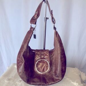 IRIS TYLER cognac brown distressed genuine leather shoulder handbag.